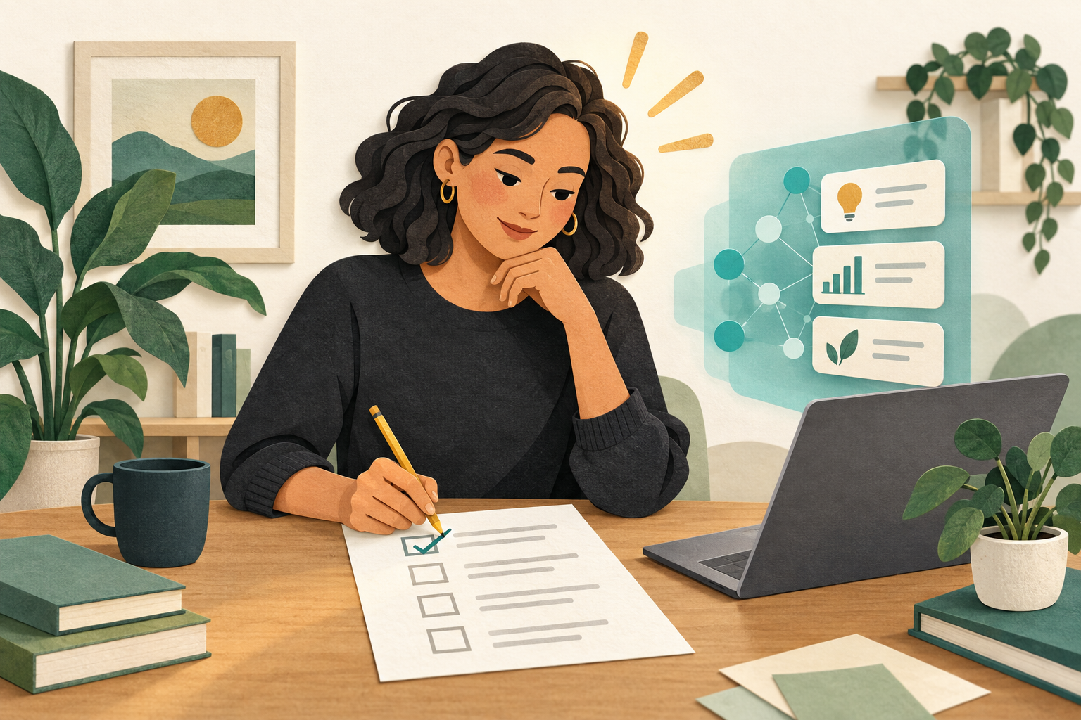 HumanInAI A person reviews a checklist beside a laptop and illustrated AI suggestions, emphasizing human judgment when using AI.