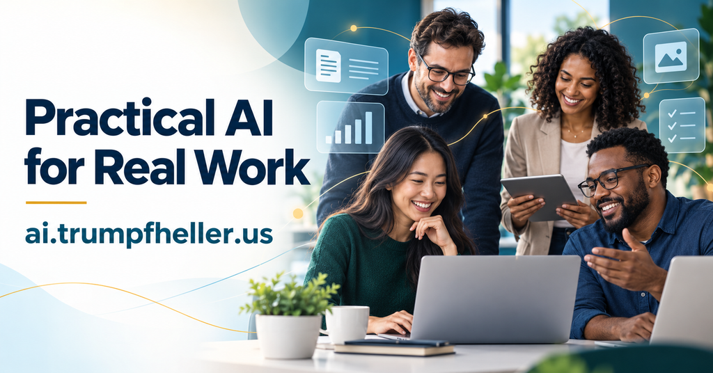 Promotional graphic for Practical AI for Real Work featuring four diverse professionals smiling and collaborating around laptops and a tablet. The text reads, “Practical AI for Real Work” and “ai.trumpfheller.us.”