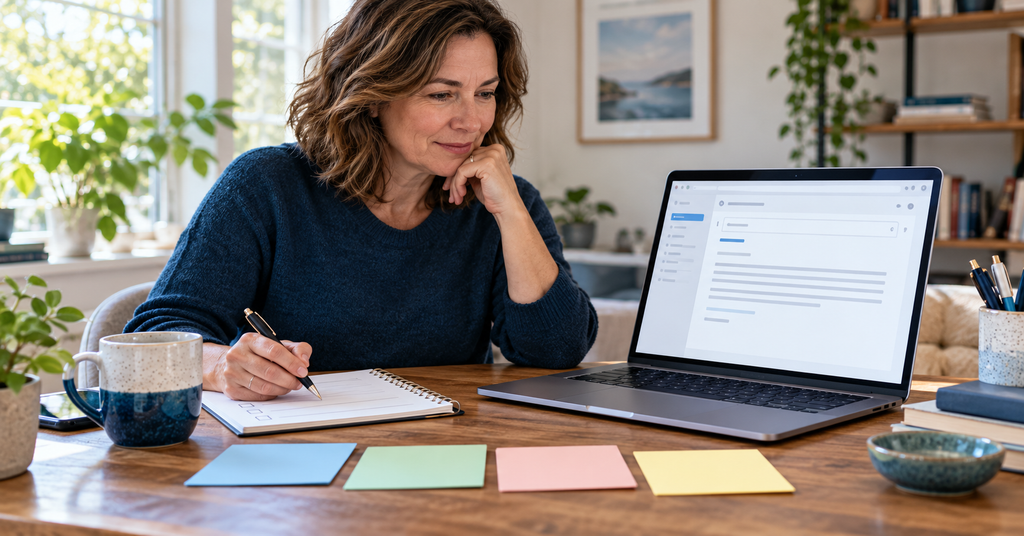 A professional reviews an email draft on a laptop while making notes beside four colored cards.